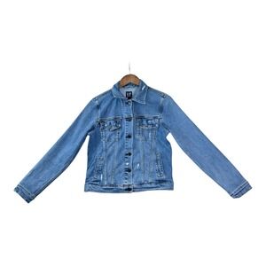 GAP Womens Denim Jacket S Blue Jean Stretch Trucker Distressed Layering Everyday
